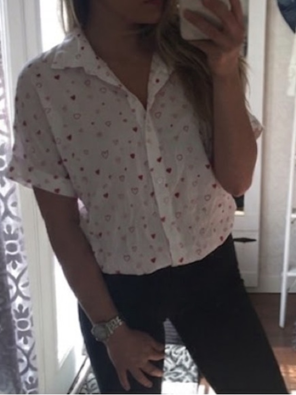 Classic White Button-Down Shirt with Red Heart Print